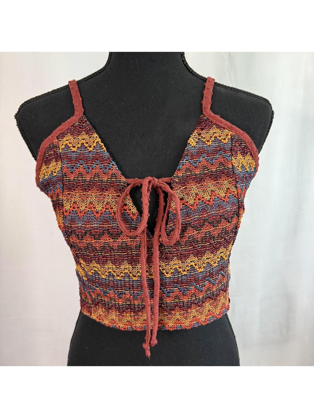 Earthbound XL Knit Crop Top Tie Front Indie Hippie Boho Tank Zigzag Halter Fairy